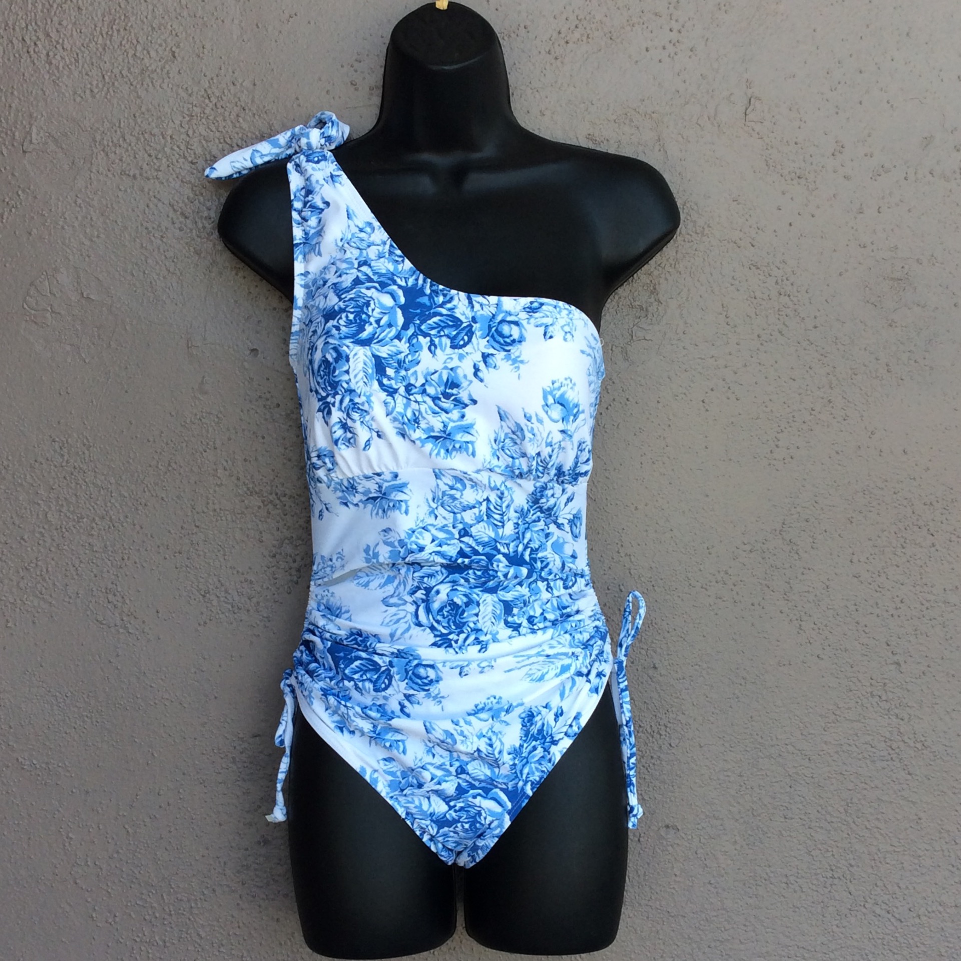 Bettie Page Blue and White One Shoulder Swimsuit | Shop Co.